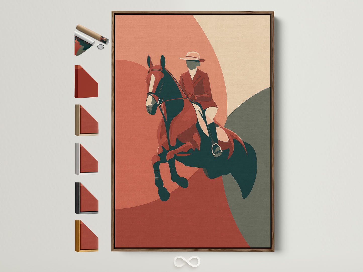 A framed artwork featuring a rider on a horse. It is displayed with various frame style options. Explore the range of frames to perfectly complement your chosen artwork. Different frame choices will enhance your artwork.