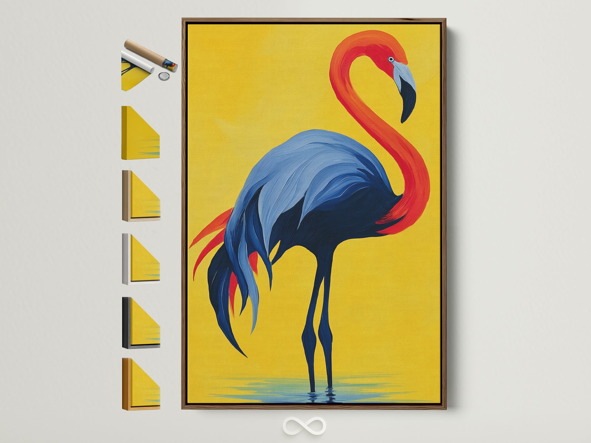 Framed flamingo artwork in a brown frame. This vibrant art piece features red blue and yellow hues. The artwork is displayed with various frame options showcasing its versatility. A colorful addition to any room.