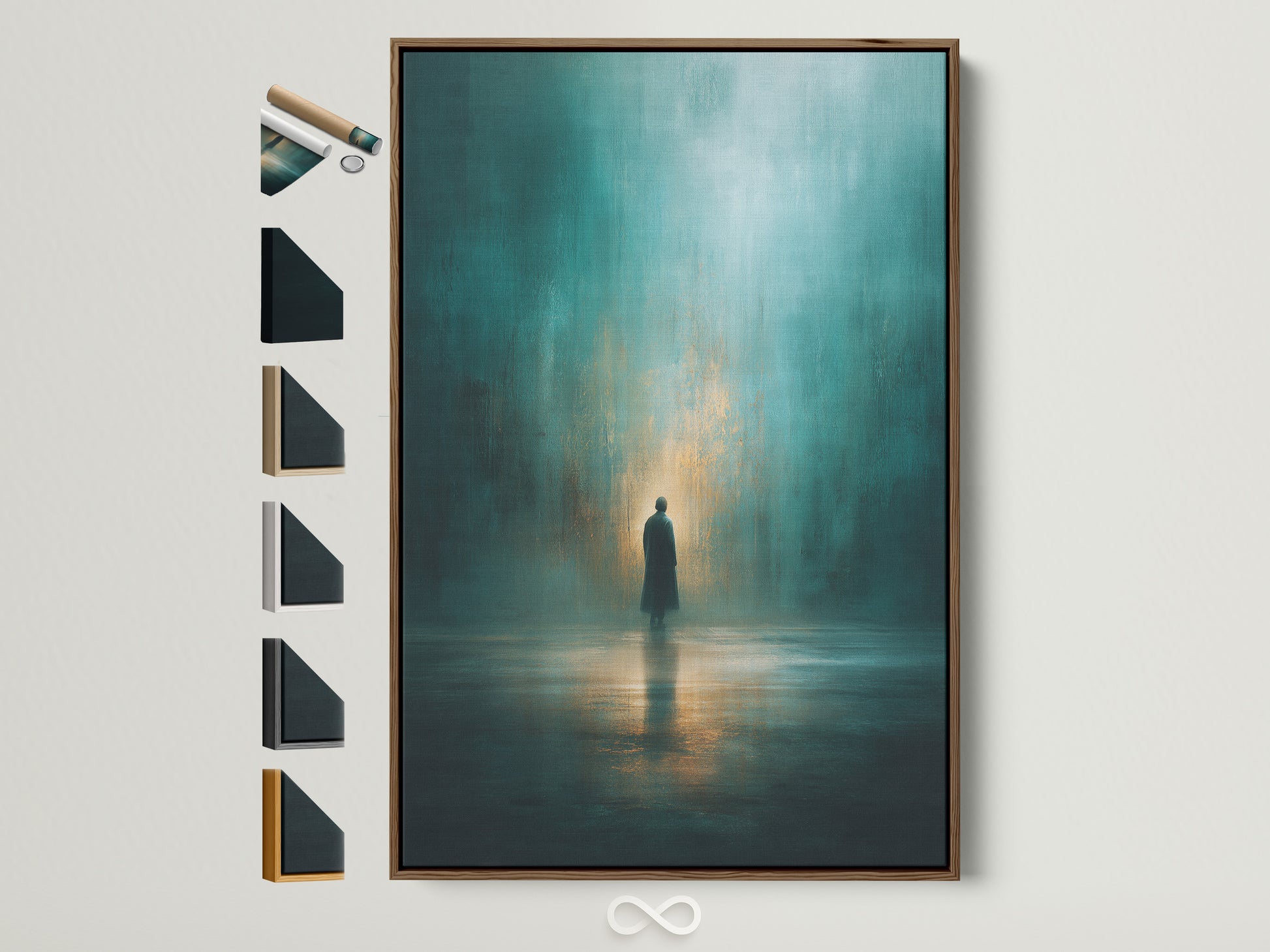 A framed art print hangs on a wall. The frame is brown. Various framing options are displayed on the side. Enhance your living space with unique framed artwork. Find the perfect frame to complement your style