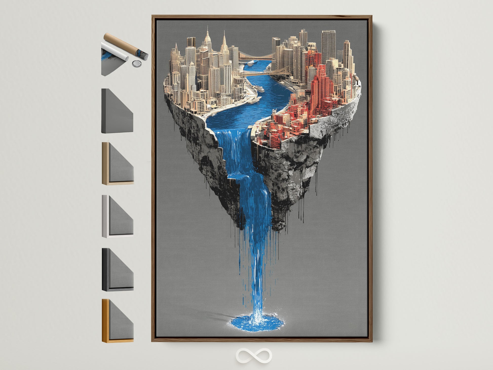 A surreal city waterfall artwork is displayed in a brown frame. Various frame options are showcased beside it. This contemporary urban wall art transforms any modern office decor. It adds a touch of fantasy to architectural aesthetics. The floating island canvas print captures imagination with its unique style.