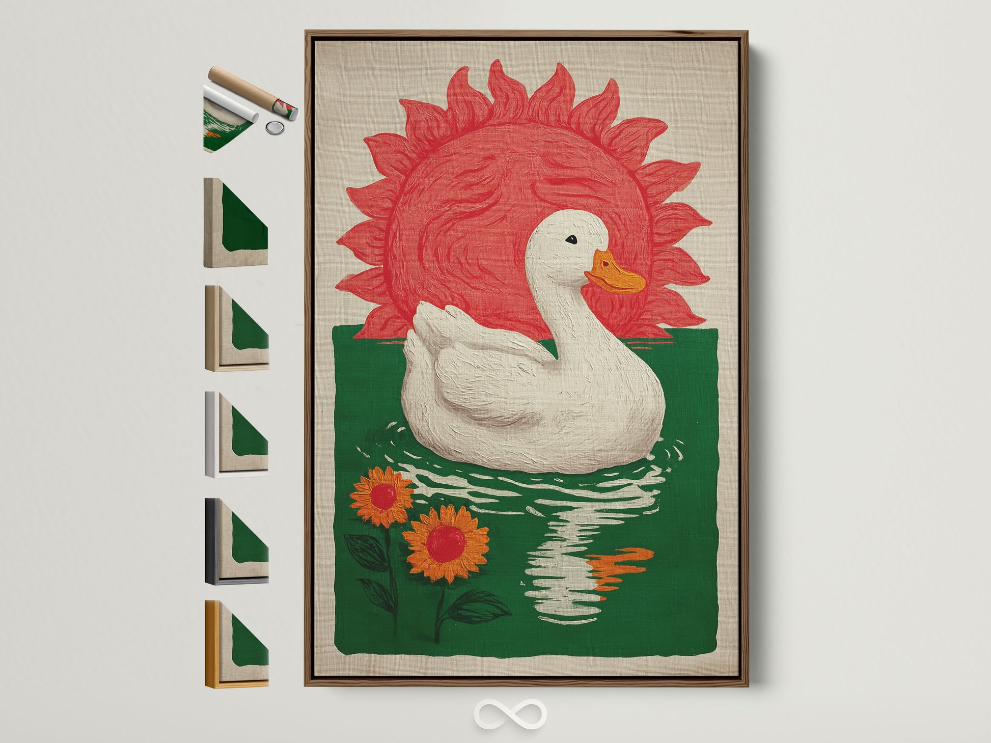 Bohemian Style Wall Art in a brown frame. The art features a white duck floating on green water with orange sunflowers. A red sun is in the background. This folk art print would be great for a dining area. Consider this elevated folk-style wall art for farmhouse rustic or eclectic styles.