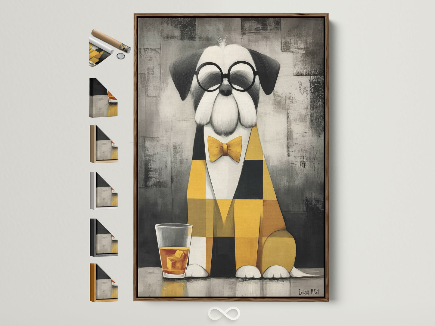 Dog with Bowtie artwork in a brown frame. The artwork features a dog with glasses and a bowtie. All frame options are displayed on the side. Perfect modern animal artwork for your home or office wall decor.