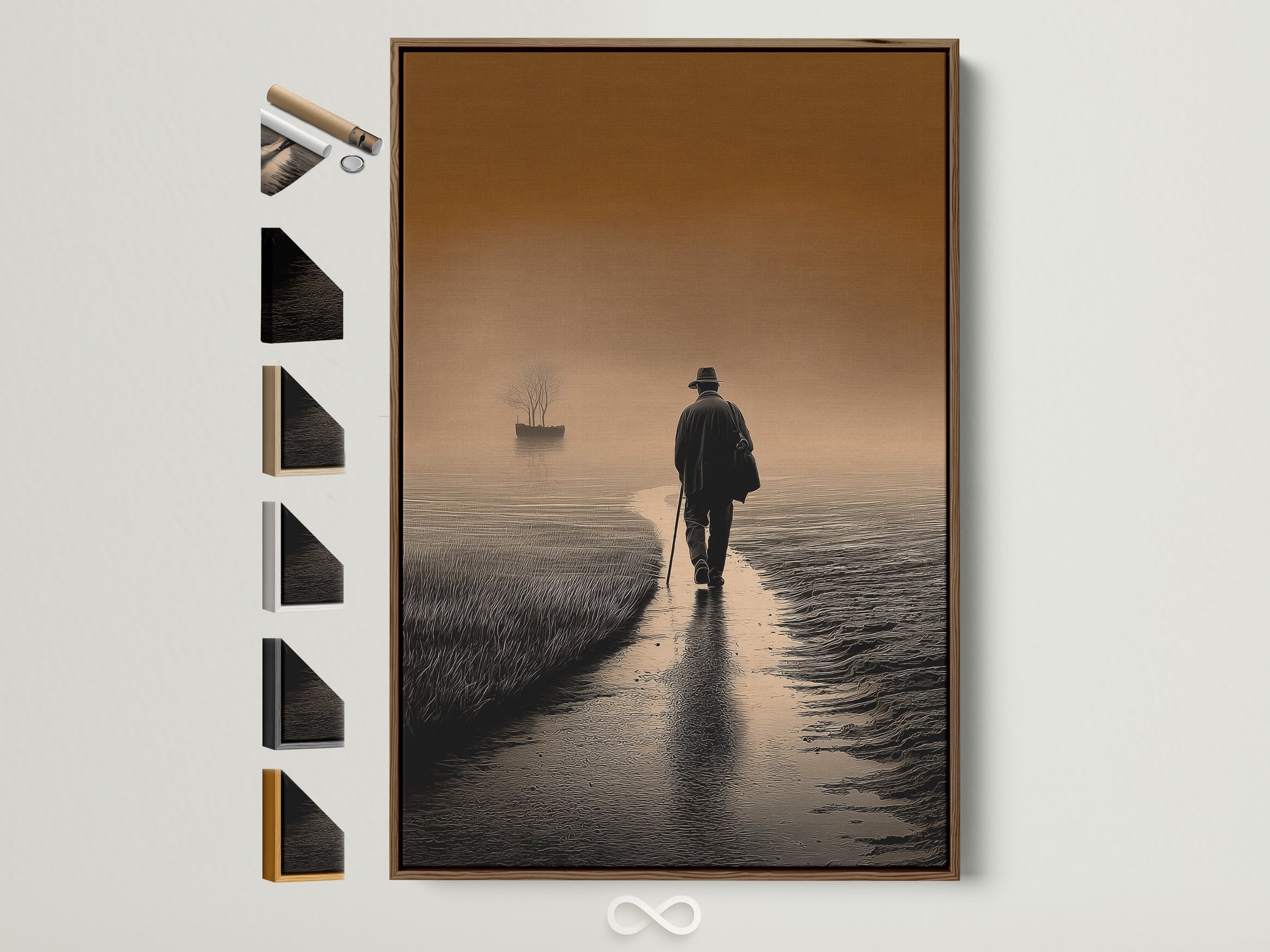 Framed artwork featuring a solitary figure walking towards the horizon. The brown frame adds warmth and complements the art. Explore frame options to find the perfect match for your artwork. Enhance your space with framed art. The options are endless.