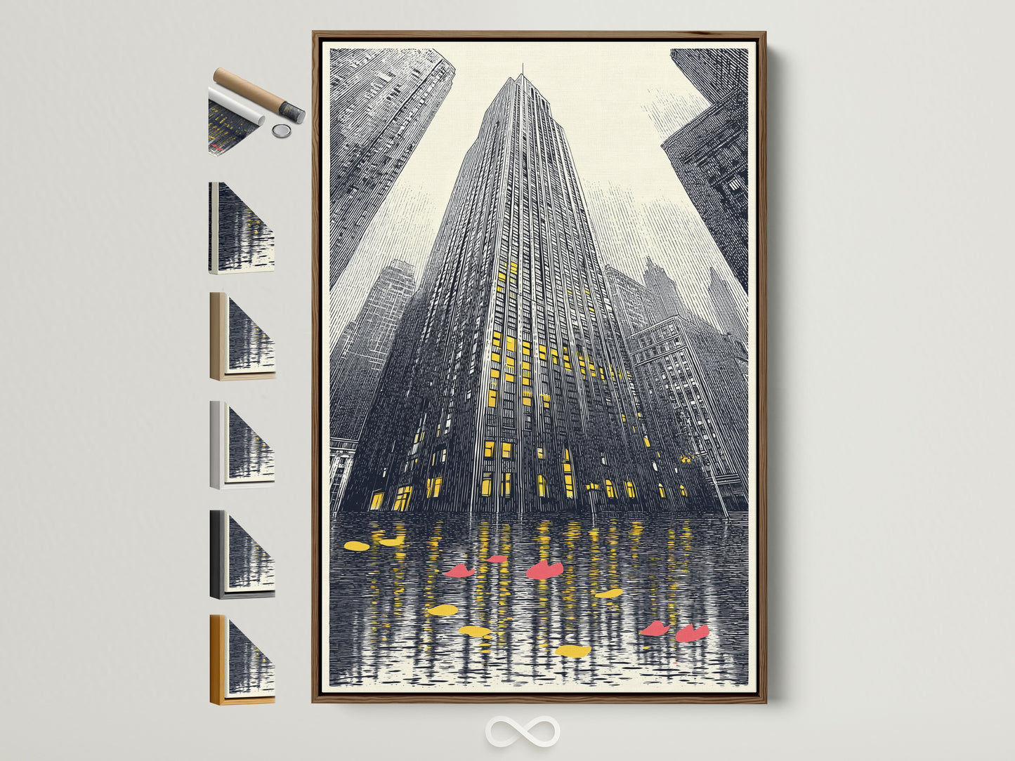 A captivating cityscape artwork is framed in a warm brown wood. All frame options are displayed beside it. The urban skyscraper wall art brings modern architecture into your space. Perfect office wall decor for homeowners and businesses seeking elevated contemporary wall decor.