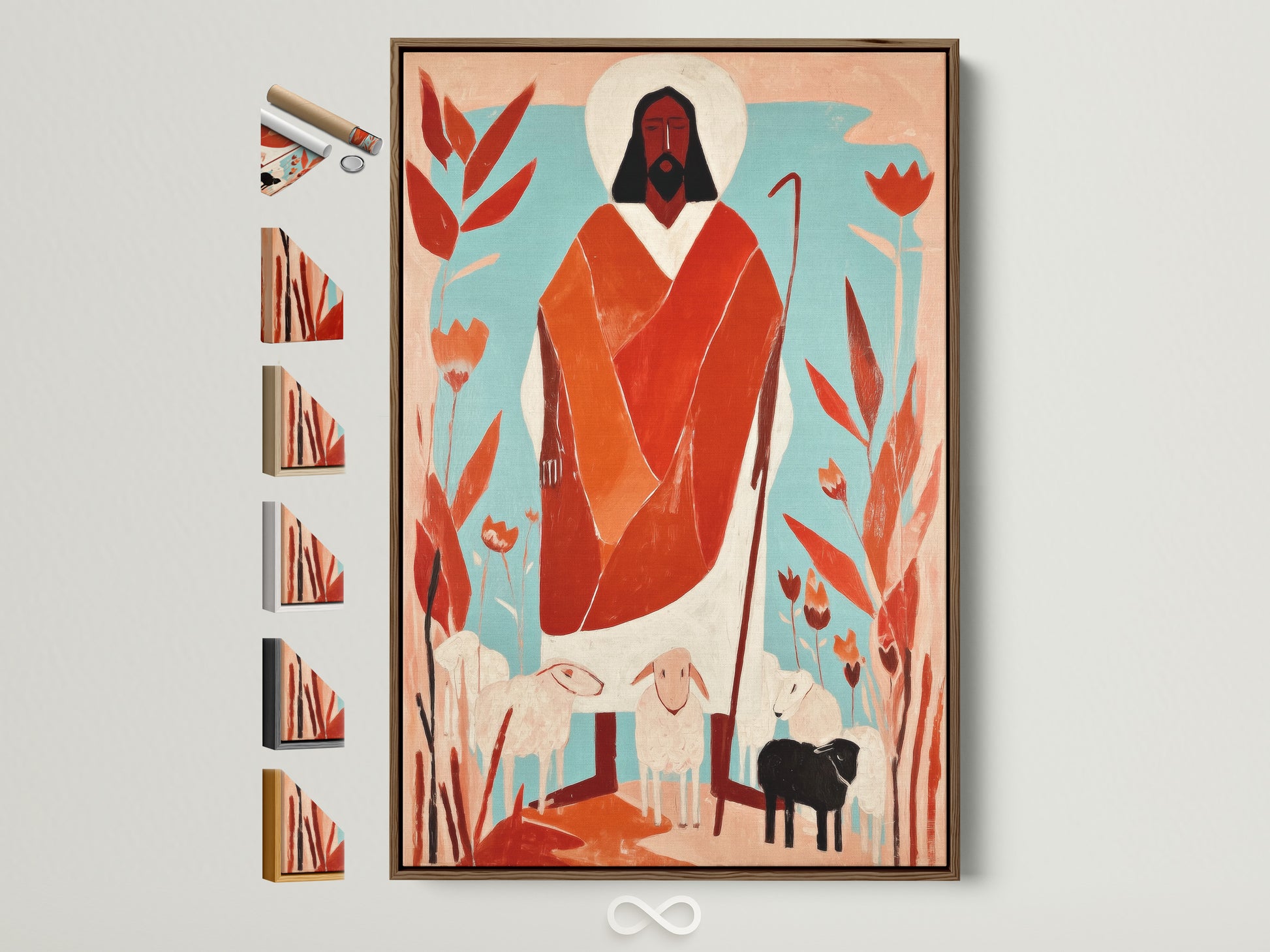 Artwork in a brown frame. It features all available frame options displayed on the side. Discover the perfect frame to complement your art. Explore various frame styles for your art print.