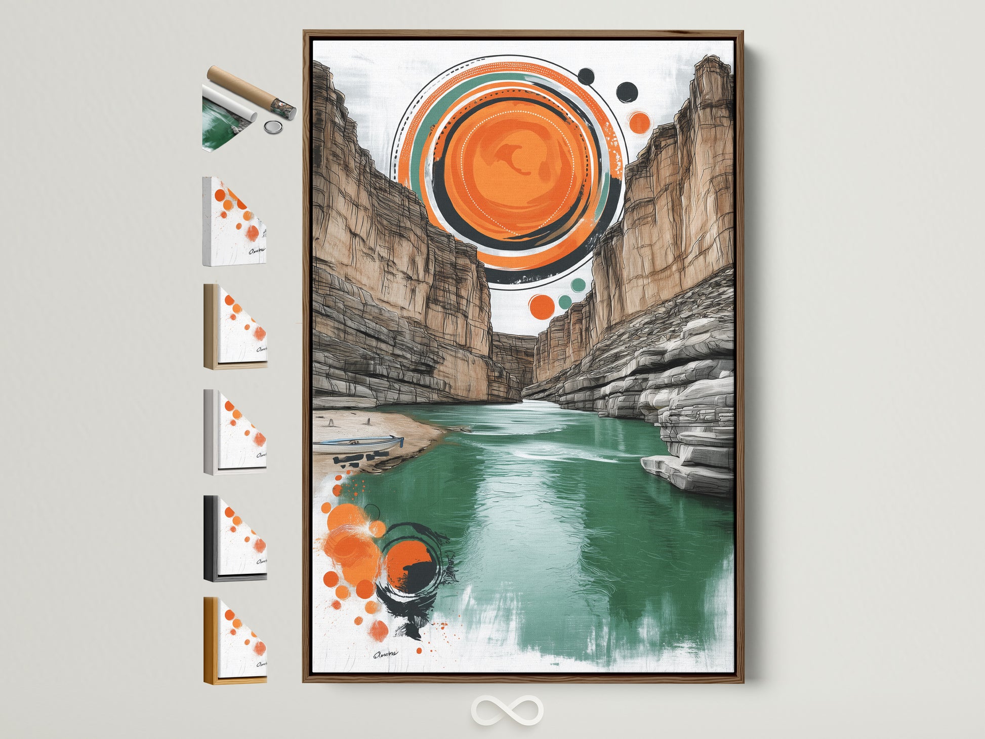 Canyon Landscape Artwork with Brown Frame. This modern wall art features earth tones of orange and teal. The artwork is displayed in a living space. Find the perfect frame for your artwork.