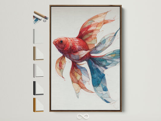A captivating goldfish artwork is displayed within a brown frame. The photo showcases all available frame options. Find the perfect frame to complement your art. Enhance your living space with framed artwork. This piece adds a touch of elegance to any room. It is a great way to showcase your personal style. Explore our wide selection of frame styles and find the ideal match for your home decor.