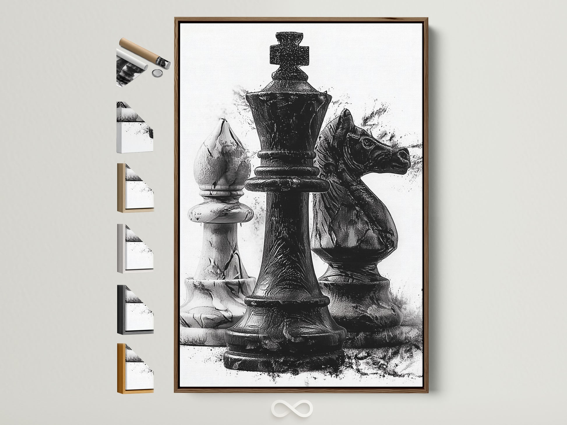 Brown frame artwork featuring chess pieces adorns a wall. Light streams in showcasing the texture of the art. Frame options are displayed on the side. This is perfect for a game room or office. A stylish addition to any space. Consider this artwork to elevate your decor.