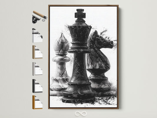 Brown frame artwork featuring chess pieces adorns a wall. Light streams in showcasing the texture of the art. Frame options are displayed on the side. This is perfect for a game room or office. A stylish addition to any space. Consider this artwork to elevate your decor.