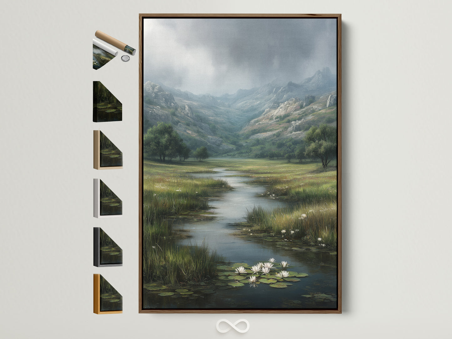Artwork with a brown frame hangs on a white wall. The art print shows a landscape with water lilies. Frame options are displayed beside the framed artwork. A warm sunlight filters in adding depth to the scene. This highlights the texture of the wall and the artwork.