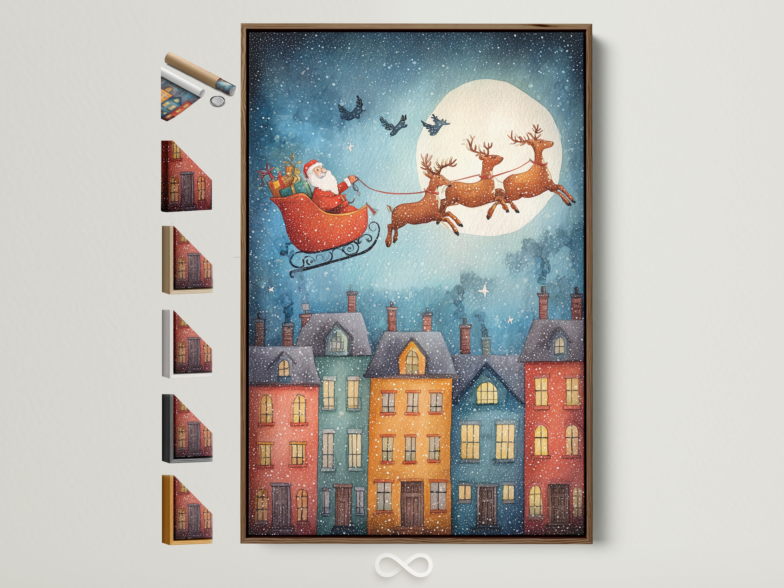 A festive Santa Claus canvas print is displayed with frame options. The artwork shows Santa in his sleigh flying over a colorful holiday town. A warm brown frame complements this Xmas wall art. It enhances a farmhouse or eclectic style. Perfect kids room wall art.