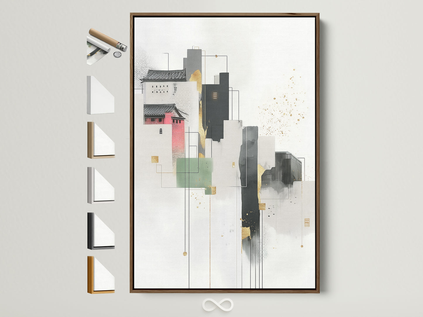 A captivating abstract cityscape artwork is displayed with various frame options. See the brown frame enhancing the modern architecture wall art. Explore geometric building artwork perfect for office decor. Discover minimalist scandi decor in neutral tones with gold accents. Perfect for modern art enthusiasts and interior decorators.