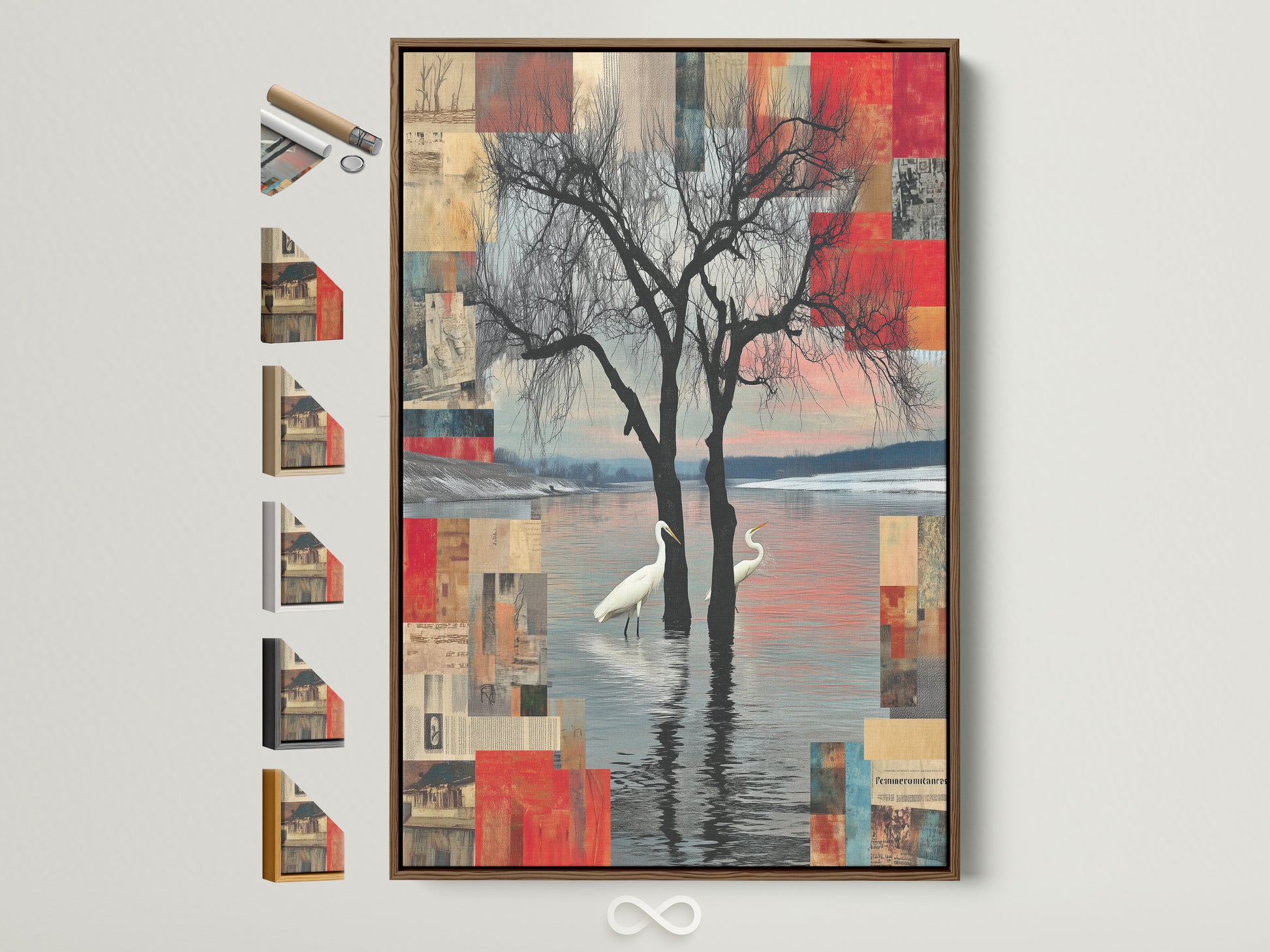 Crane Bird Abstract Lake Wall Art in a brown frame. This modern nature artwork adds a serene touch to any office decor. Explore framing options to perfectly match your space. A unique gift idea for her.