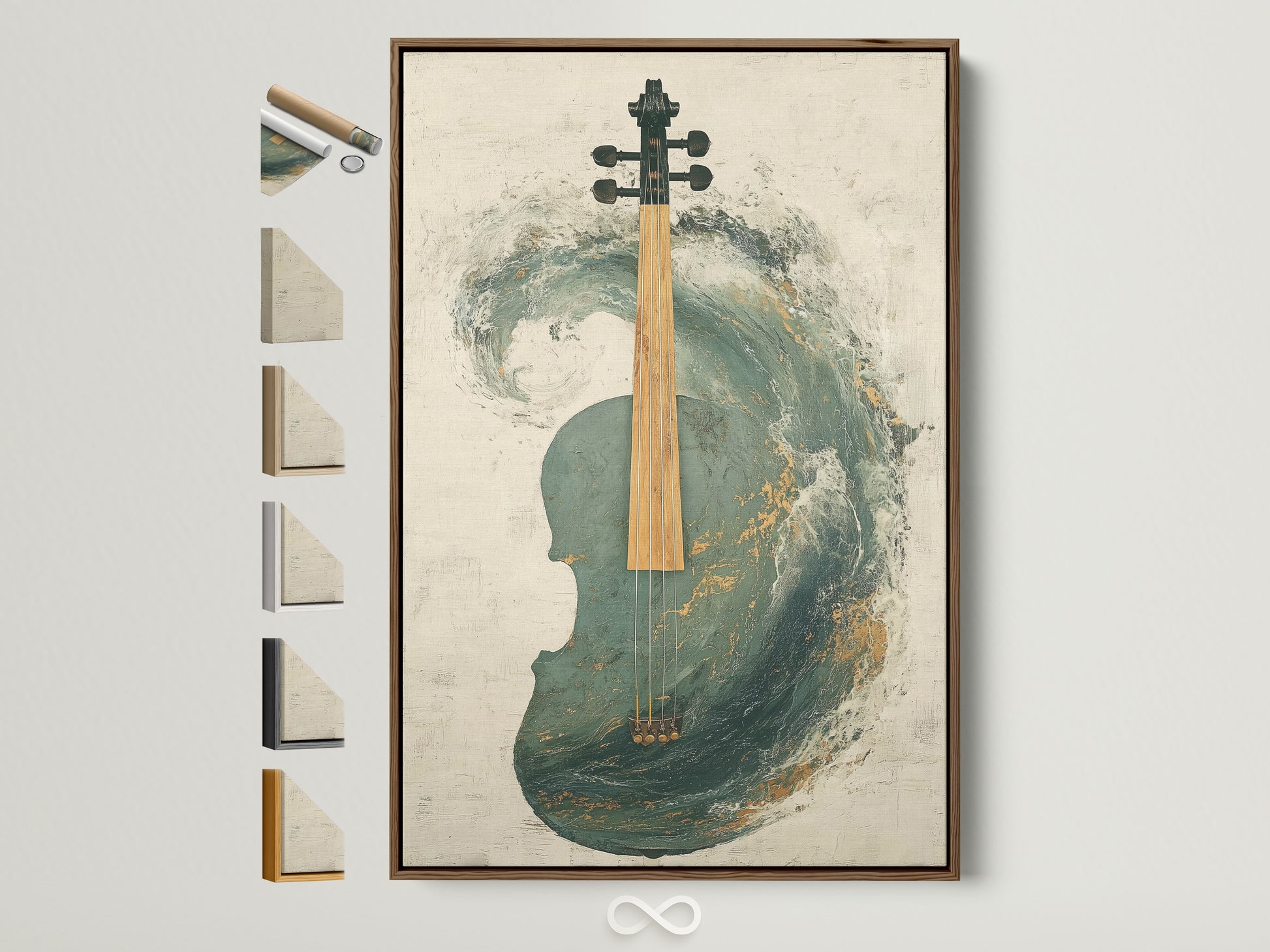 Abstract Violin Artwork with Brown Frame displayed alongside frame options. This teal and gold musical wall art is a modern instrument artwork. Perfect for a music room or any space needing a refined touch. The brown frame complements the teal and gold tones beautifully.