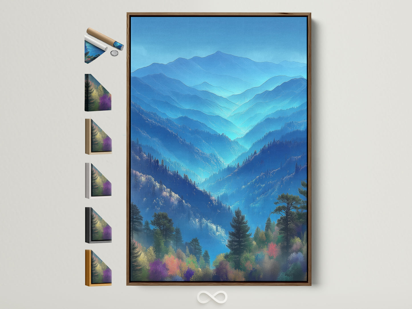 Explore framed Blue Ridge Mountains wall art. This modern artwork features misty mountain canvas prints. Notice the brown frame. All frame options are displayed on the side. Perfect Appalachian forest art for bedroom wall decor.
