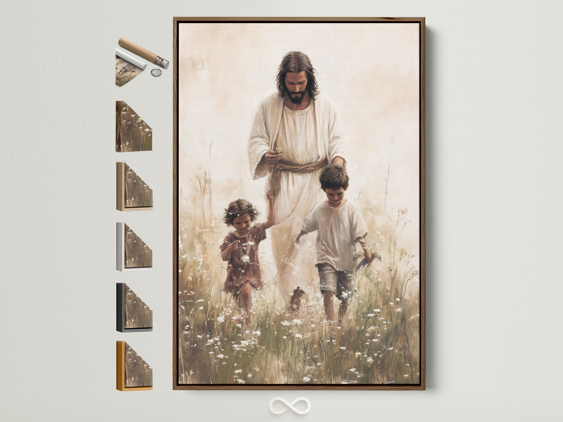 Artwork of Jesus Christ walking with two children in a field of flowers is beautifully displayed in a brown frame. Explore our frame options to customize your sacred artwork. Find the perfect frame to complement your home decor.