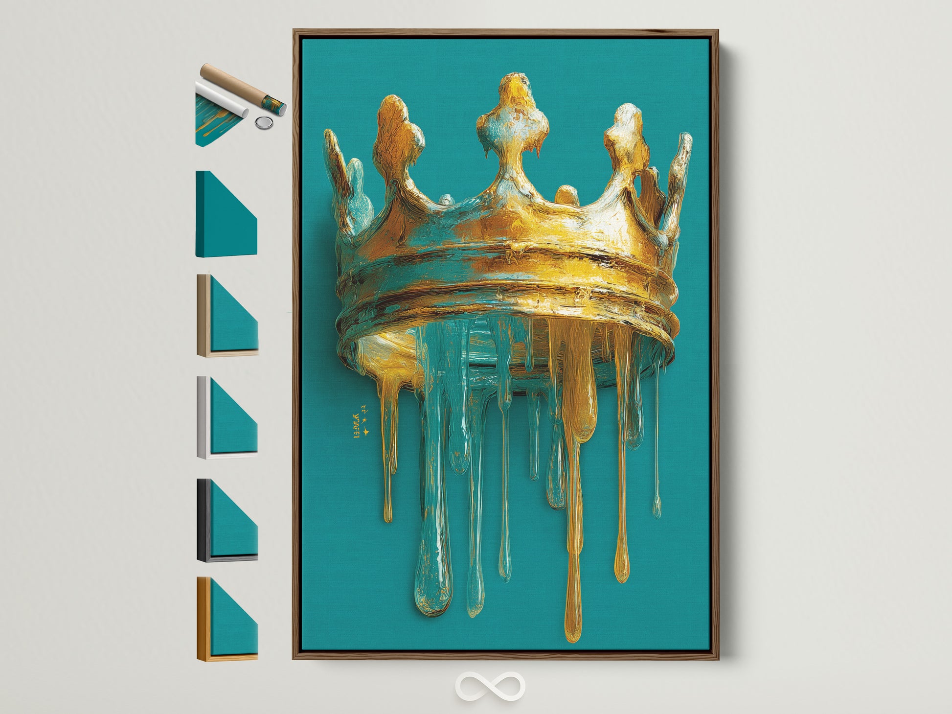 Brown frame artwork. The featured artwork shows a crown with paint or glaze dripping. The crown is gold and blue. The background is teal. Multiple frame options are displayed on the side. This artwork is a majestic addition to any room.