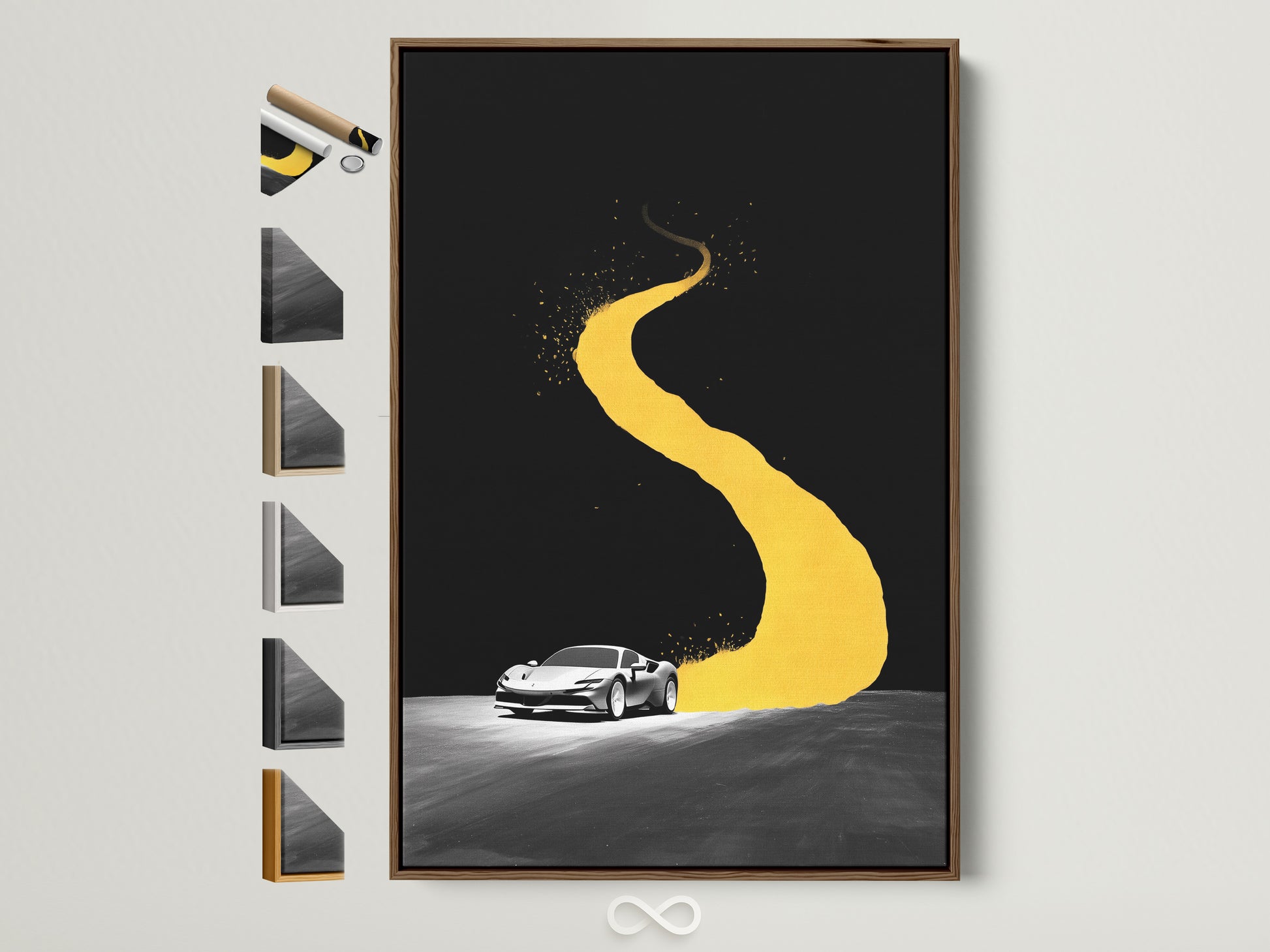 Explore frame options. This sports car artwork features a yellow road on a black backdrop. The artwork is displayed with various frame styles. Consider brown for your automotive wall art. It enhances garage man cave decor.