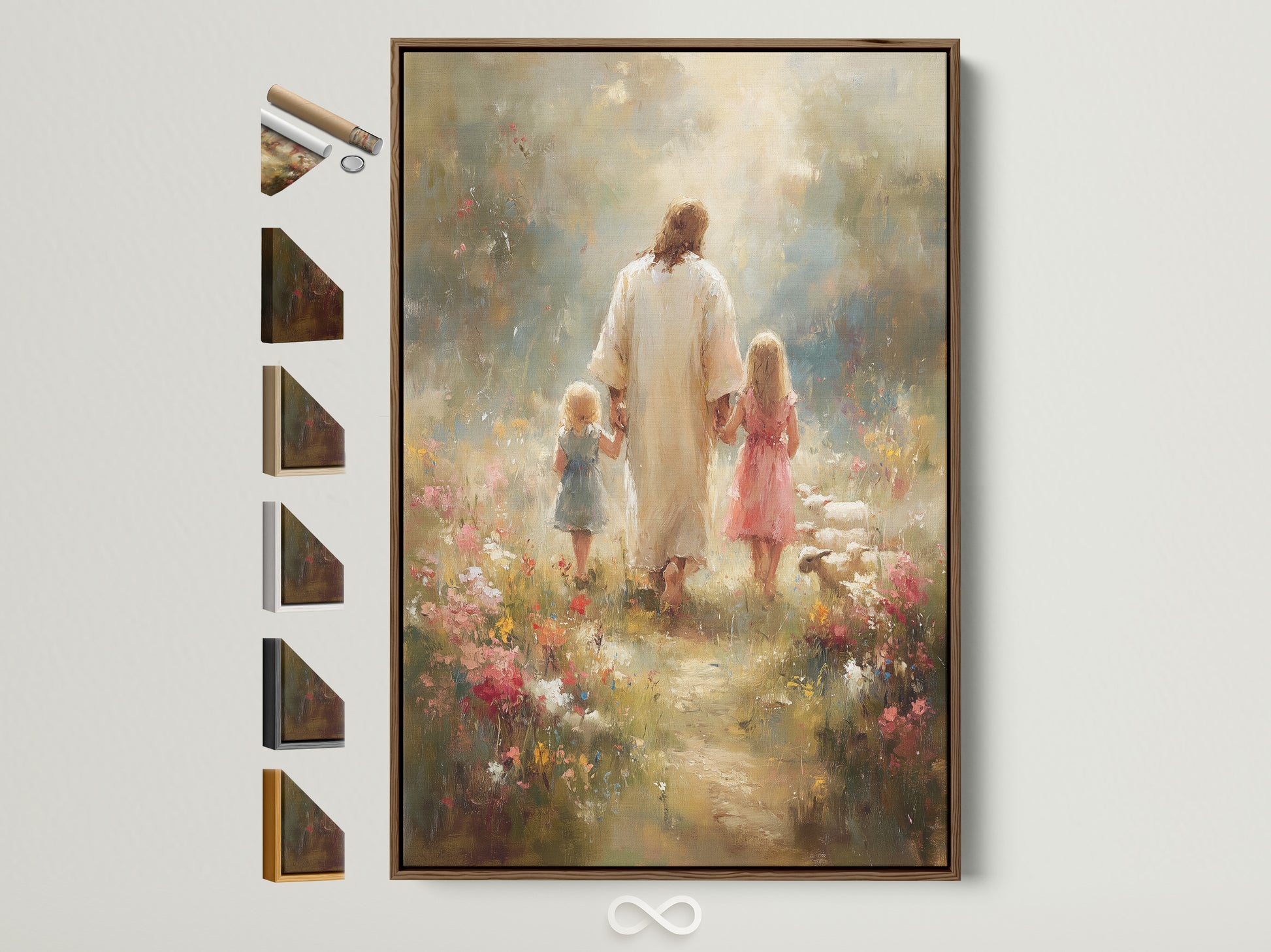 Artwork featuring a brown frame displaying various framing choices. The art shows Jesus Christ holding hands with two young girls walking through a flower-filled meadow. Explore frame options to customize artwork.