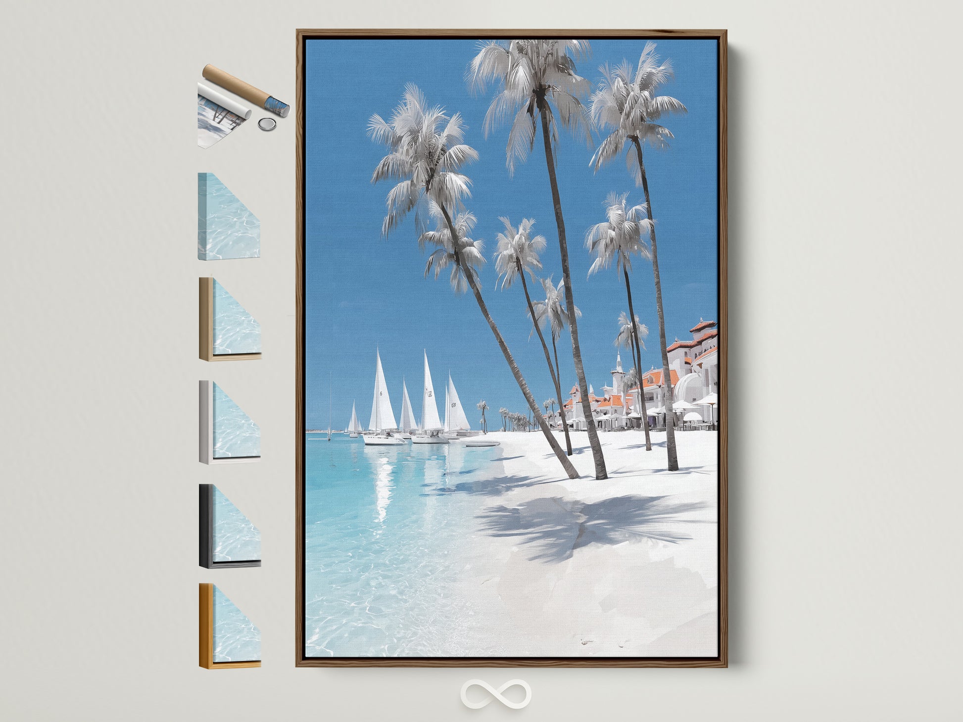 Tropical beach canvas print in a brown frame. View all frame options on the side. This coastal ocean artwork brings summer vacation vibes to your home. Perfect beachy office art. Find your island art print now