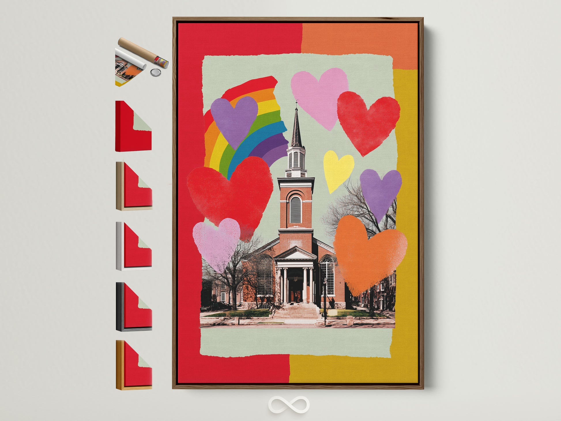 A framed artwork hangs on a white wall. The art features a church with hearts and a rainbow. Several frame options are displayed beside it. Explore art framing options to perfectly complement your style. Find the ideal frame for your artwork today.