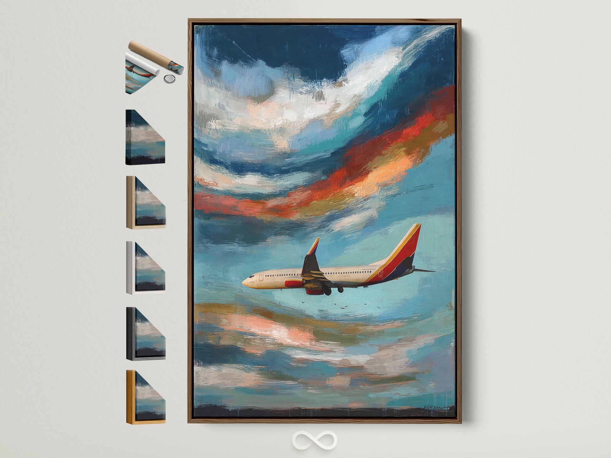 Airplane artwork with a brown frame displayed on a white wall. Frame options are visible on the side. This aviation print features sky and cloudscape elements. Ideal for aviation enthusiasts and office wall decor. A perfect pilot gift.