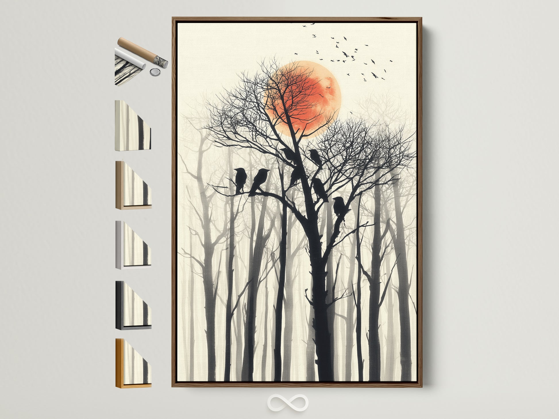 Birds on tree canvas print. This artwork features a red sun and a forest silhouette. The artwork is framed in a brown frame. See all frame options available. Great for living room art or office wall decor.