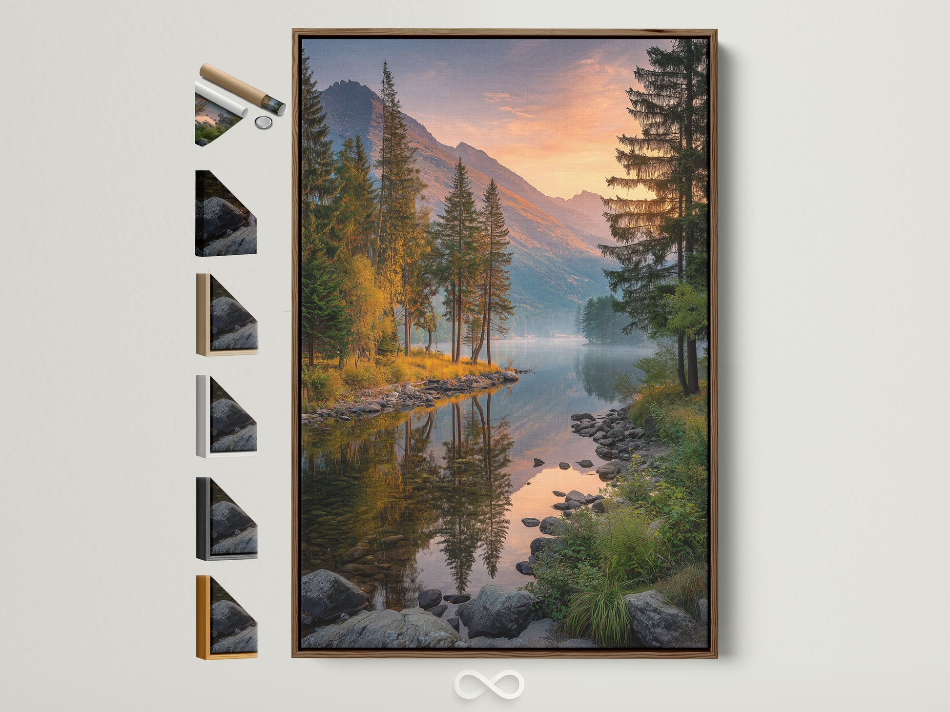 Brown frame showcasing a mountain lake canvas print. The landscape wall art features pine tree artwork ideal for cabin decor. This nature photography brings the outdoors in. Enhance your space with mountain art lake canvas and nature prints. Perfect for living rooms bedrooms and offices.