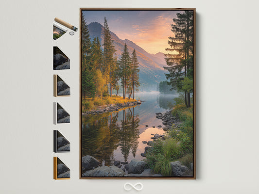 Brown frame showcasing a mountain lake canvas print. The landscape wall art features pine tree artwork ideal for cabin decor. This nature photography brings the outdoors in. Enhance your space with mountain art lake canvas and nature prints. Perfect for living rooms bedrooms and offices.