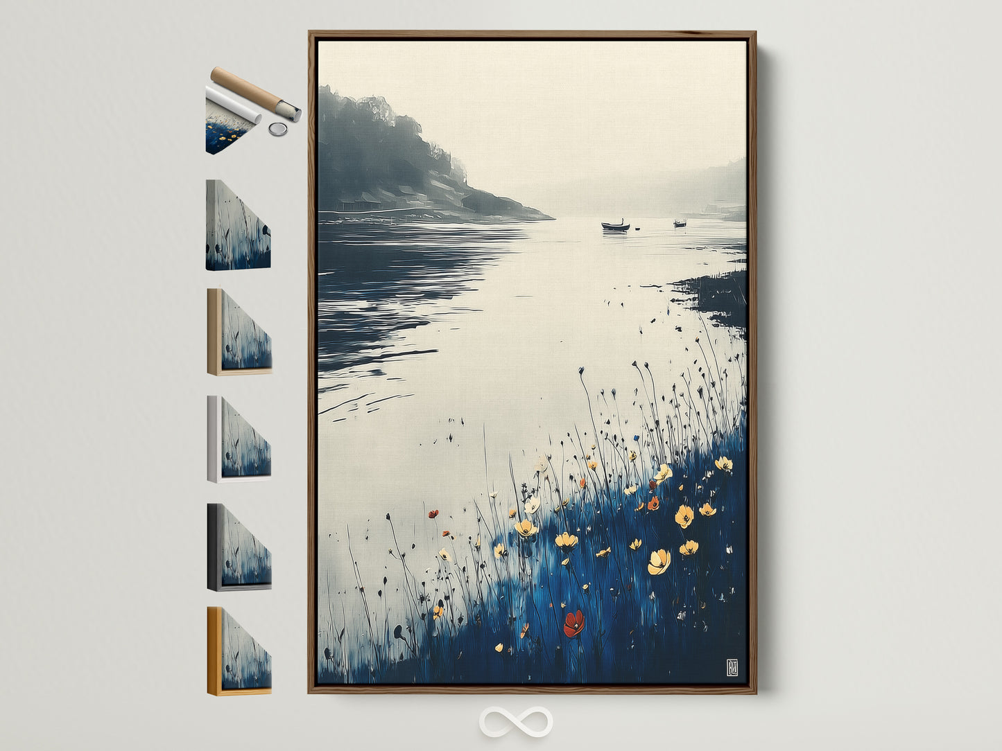Modern coastal artwork in a brown frame. The serene lake art features a landscape with blue accents and beige tones. This framed nature print enhances modern minimalist and coastal decor. A perfect addition to any home art collection with its calming presence and refined aesthetic. Explore framed artwork options to elevate your living space.
