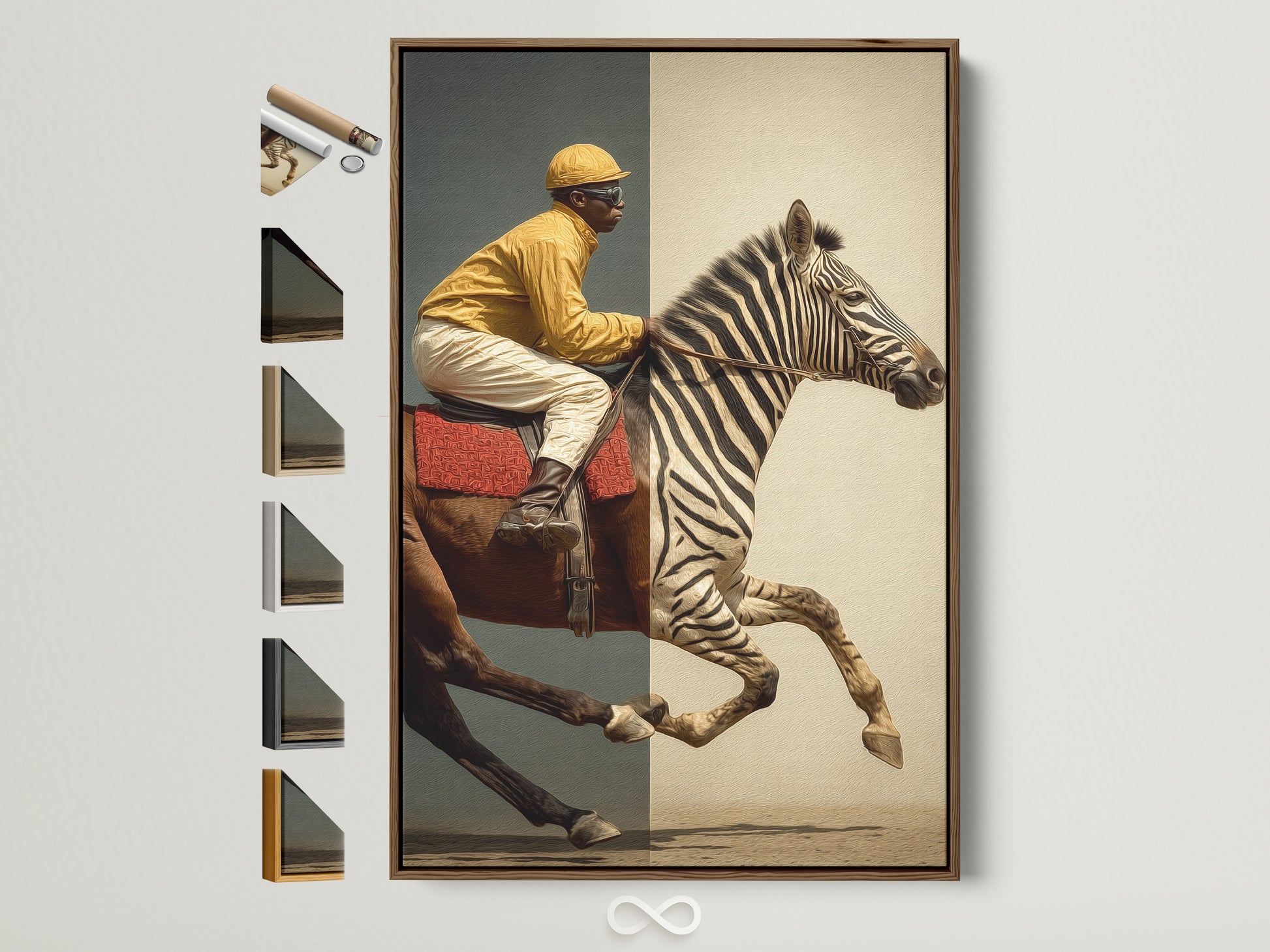 Artwork of a Jockey riding a Zebra and Horse Hybrid. This artwork is displayed in a brown frame. Explore various frame options to perfectly complement your space. Find the ideal frame to showcase your unique artwork.