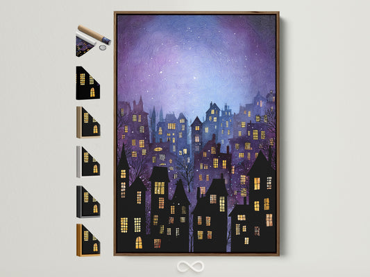 Brown frame with all frame options displayed on the side. A variety of frame styles are showcased. The artwork inside the frame features a whimsical cityscape. The buildings have illuminated windows under a starry sky. The frame complements the artwork. Perfect for any room in the house.