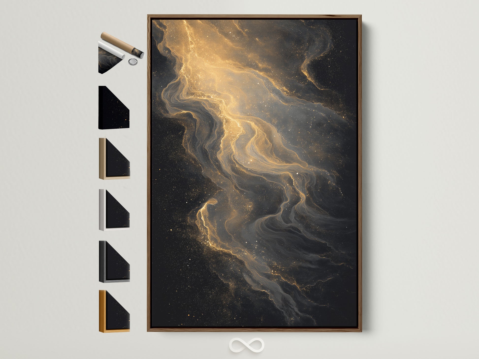 A piece of framed artwork hangs on a wall. The frame is brown. The artwork features a captivating abstract art with gold and black ink patterns. All frame options are displayed to the side. Enhance your space with stunning framed artwork.
