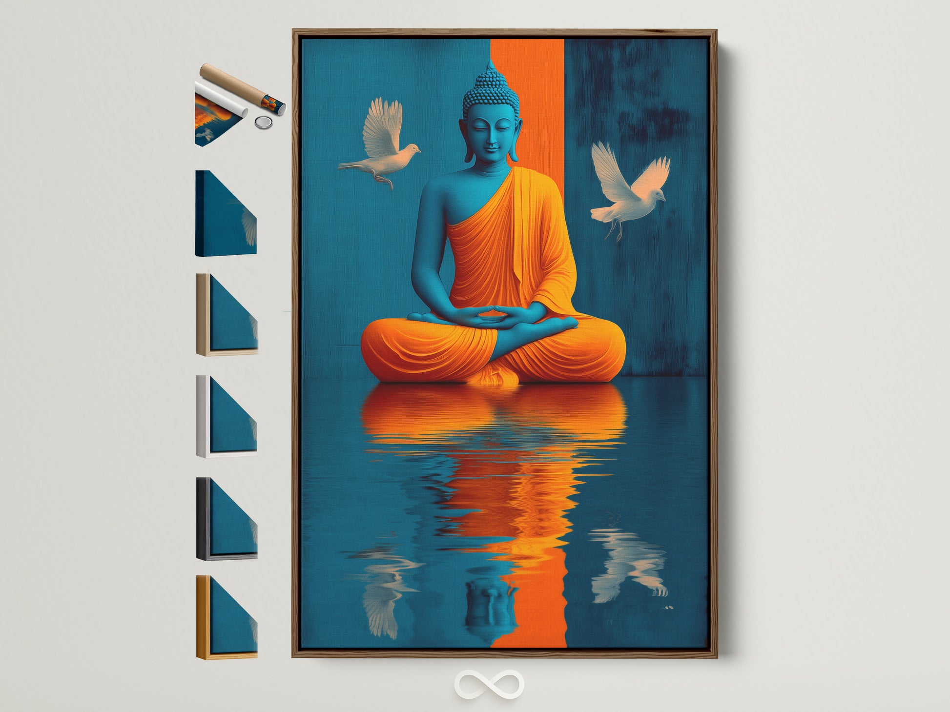 Elevate your space with this serene Buddha artwork. The teal and gold hues create a calming atmosphere. This canvas print is displayed in a brown frame. Explore various frame options to perfectly match your decor style. Find the ideal frame to enhance your spiritual zen artwork.