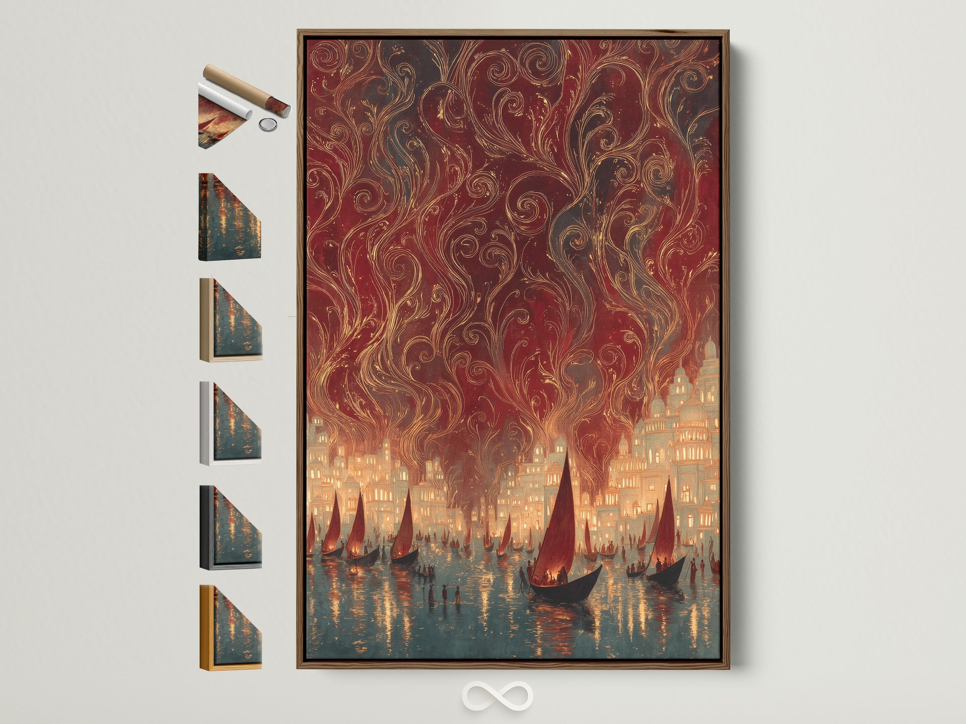 A vintage harbor canvas print is displayed in a brown frame. Notice the sailing ships artwork and the various frame options available. Perfect nautical city lights poster for office decor. A refined touch for any space.