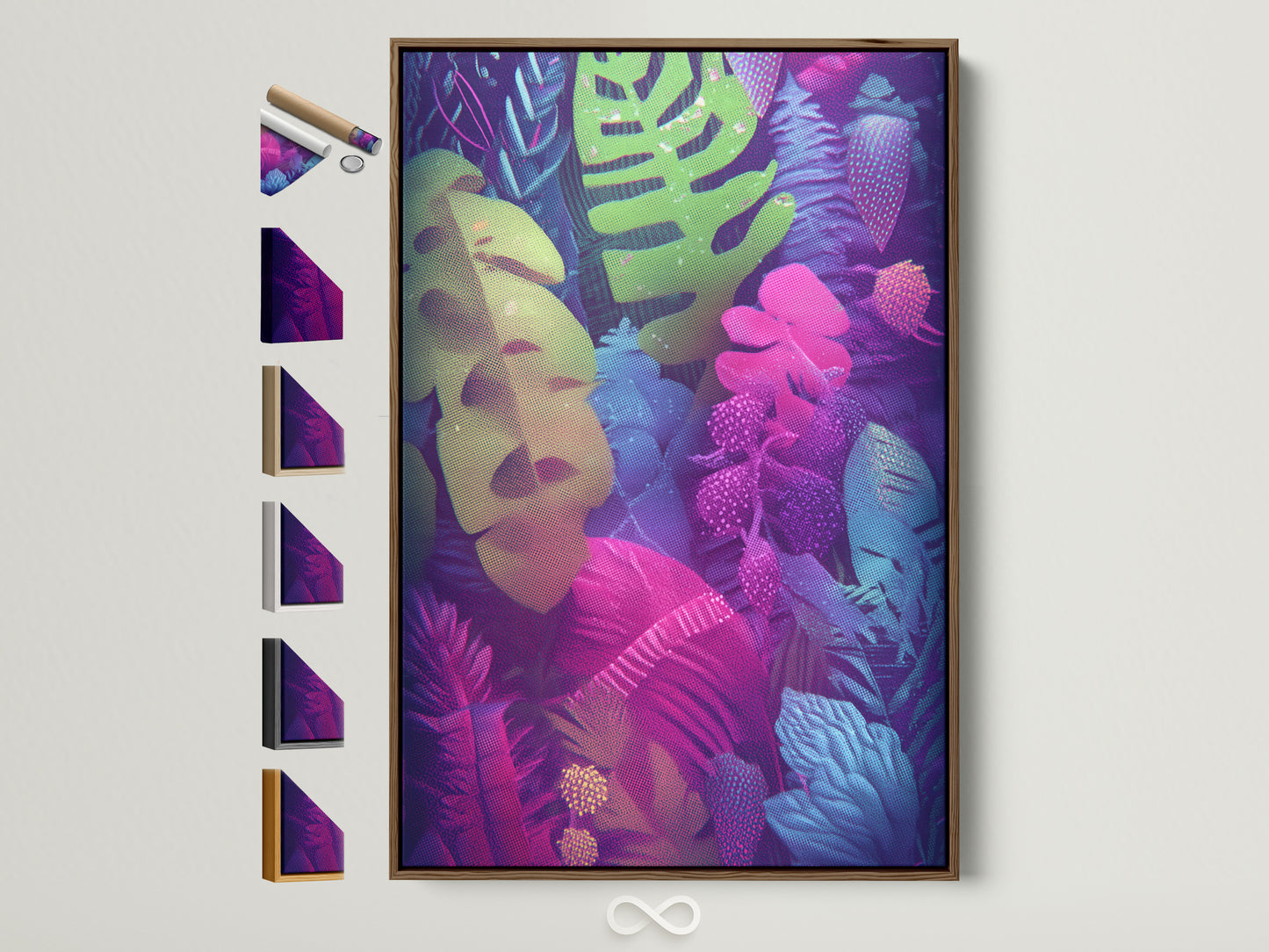 Tropical leaves canvas print in a brown frame. This neon botanical wall art brings an exotic touch to any room. See all available frame options to customize your artwork. Perfect modern foliage poster for home decor.