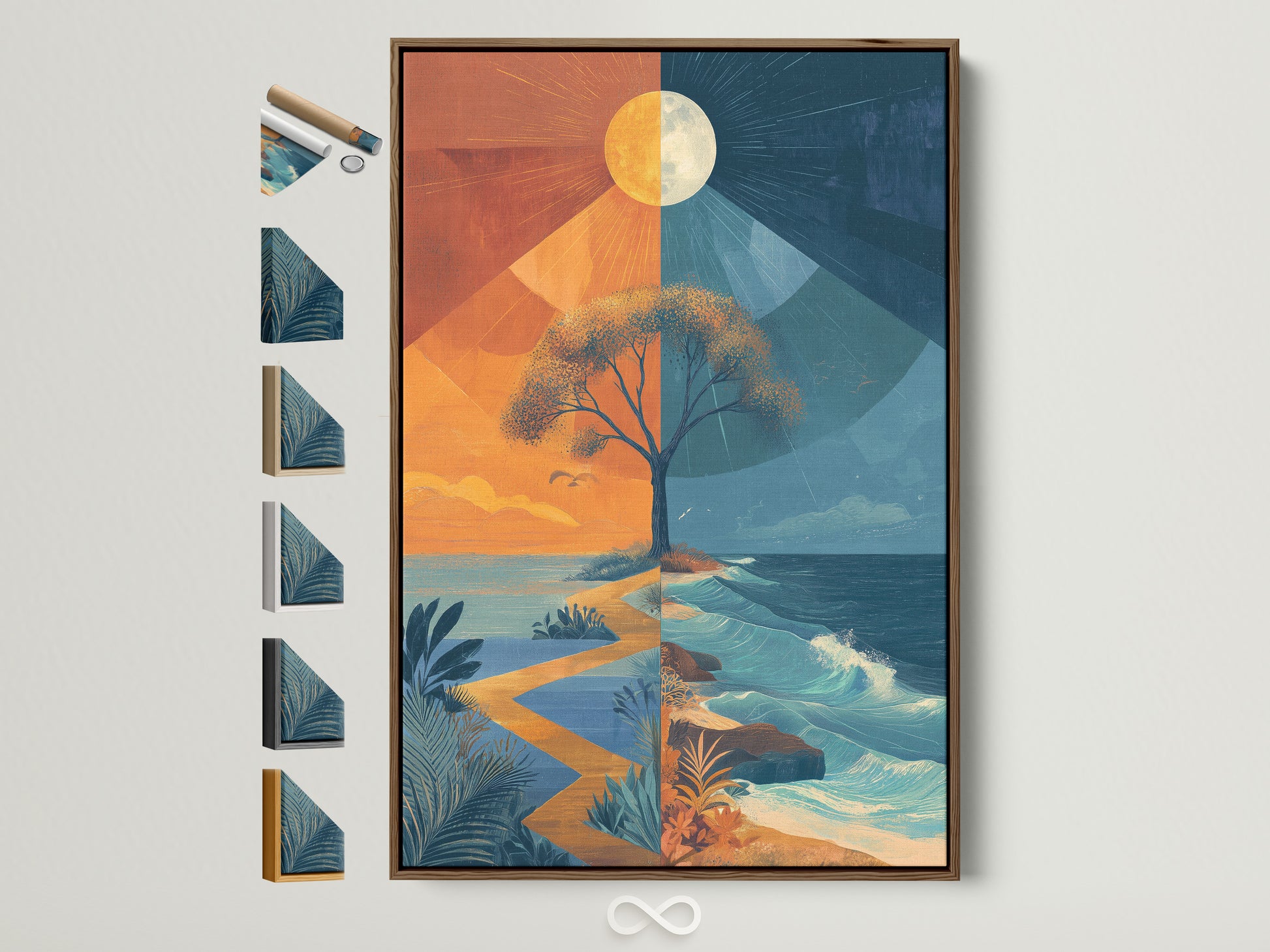 Surreal tree art print in a brown frame hangs on a white wall. The artwork features orange and blue abstract art. It's a modern landscape canvas perfect for office decor. Frame options are displayed on the side.