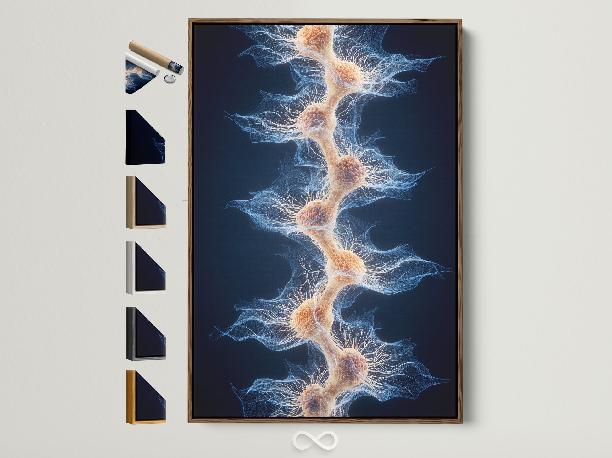 A framed artwork is displayed showing all available frame options. The art has a light brown frame. Other frame styles are displayed on the side. A great way to compare the different styles. Find the perfect style for your artwork today.