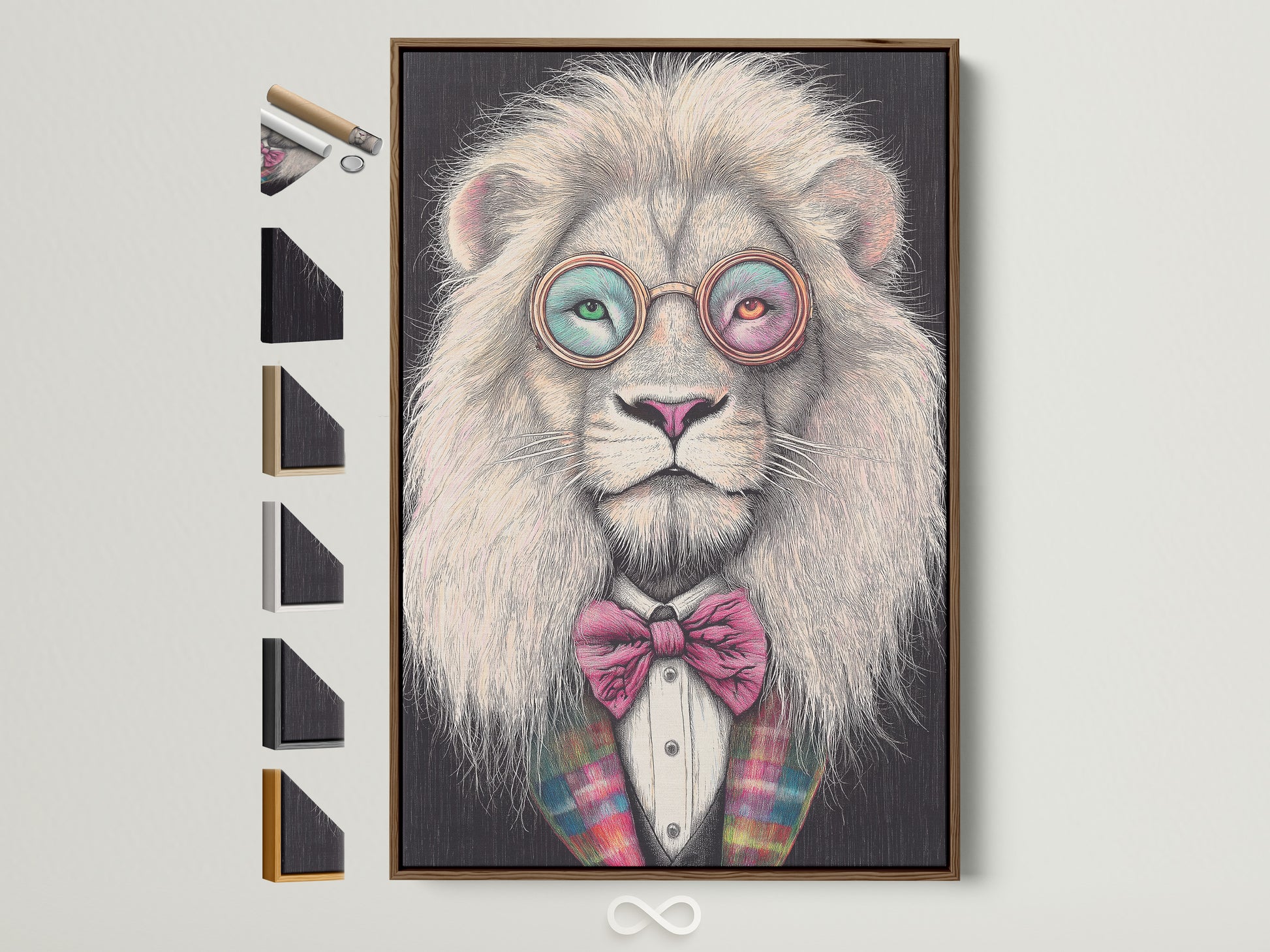 A quirky animal print featuring a Hipster Lion with glasses and a bow tie. It is showcased in a brown frame. Multiple frame options are displayed. Perfect whimsical artwork for study rooms.
