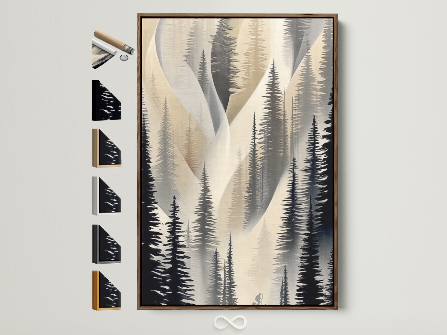 Abstract pine tree artwork in a brown frame is displayed with other frame options. Explore various frame styles for your forest canvas print. Select the perfect frame to complement your neutral wall art. Elevate your hallway decor with framed nature artwork. Find the ideal frame for your minimalist decor.