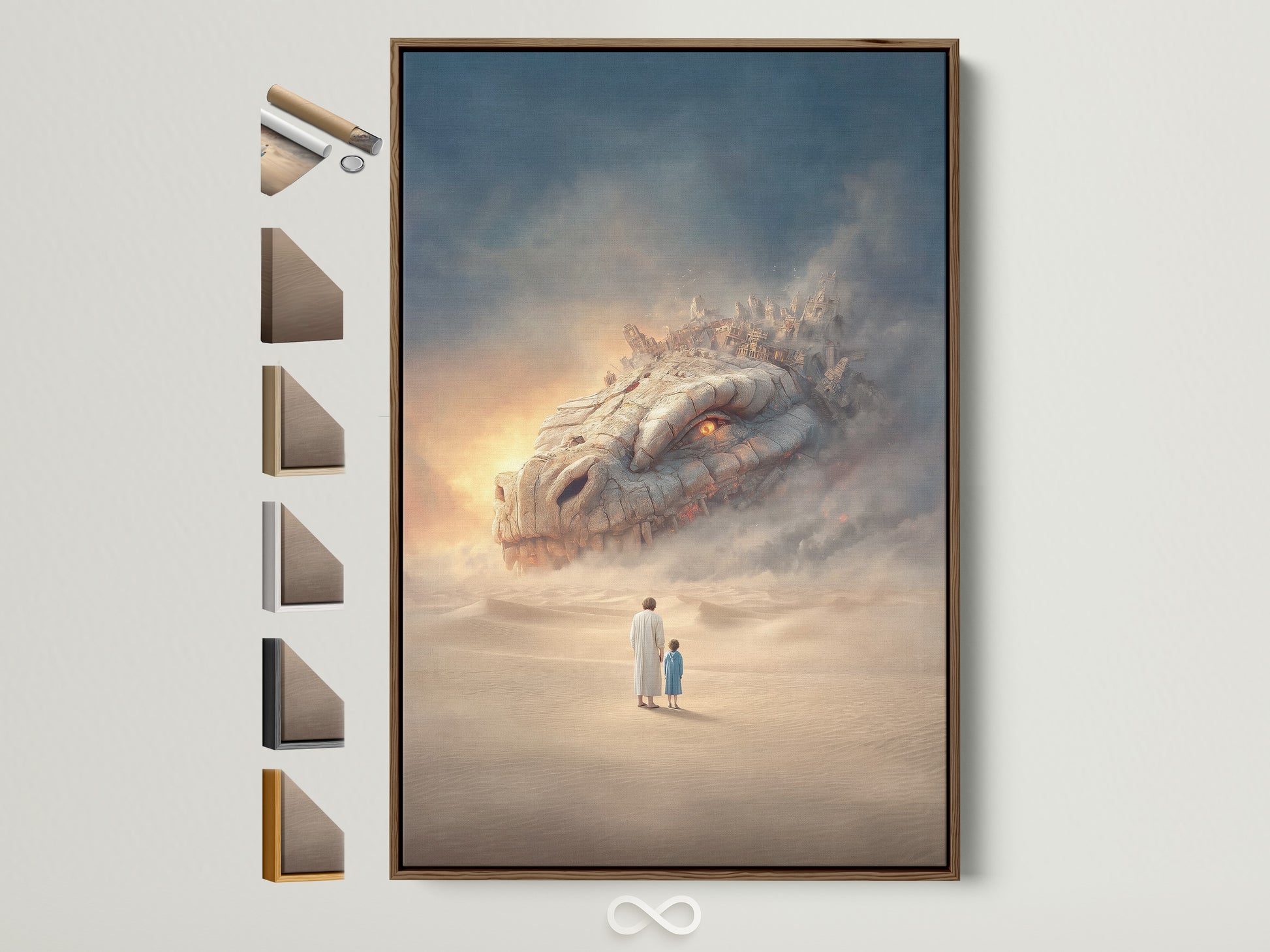 Surreal fantasy art print in a brown frame. The artwork features a desert dreamscape with a mystical creature. This art is perfect for adding a touch of fantasy to any room. The brown frame complements the beige and blue tones of the artwork beautifully. Frame options are displayed to the side.