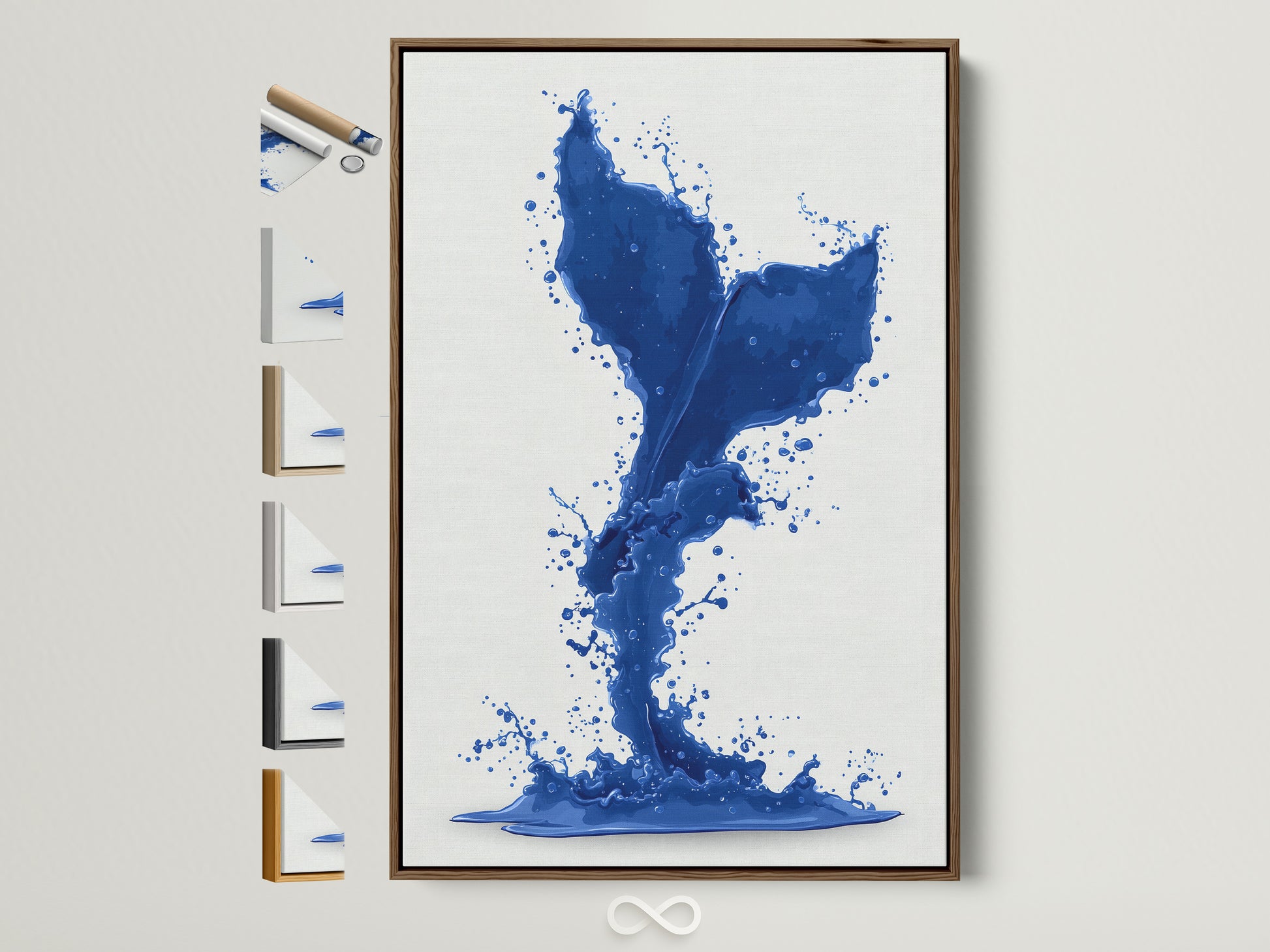 A captivating cobalt blue whale tail artwork. It is framed in a light brown frame. This piece brings coastal charm to any room. See all available frame options displayed beside the framed artwork.