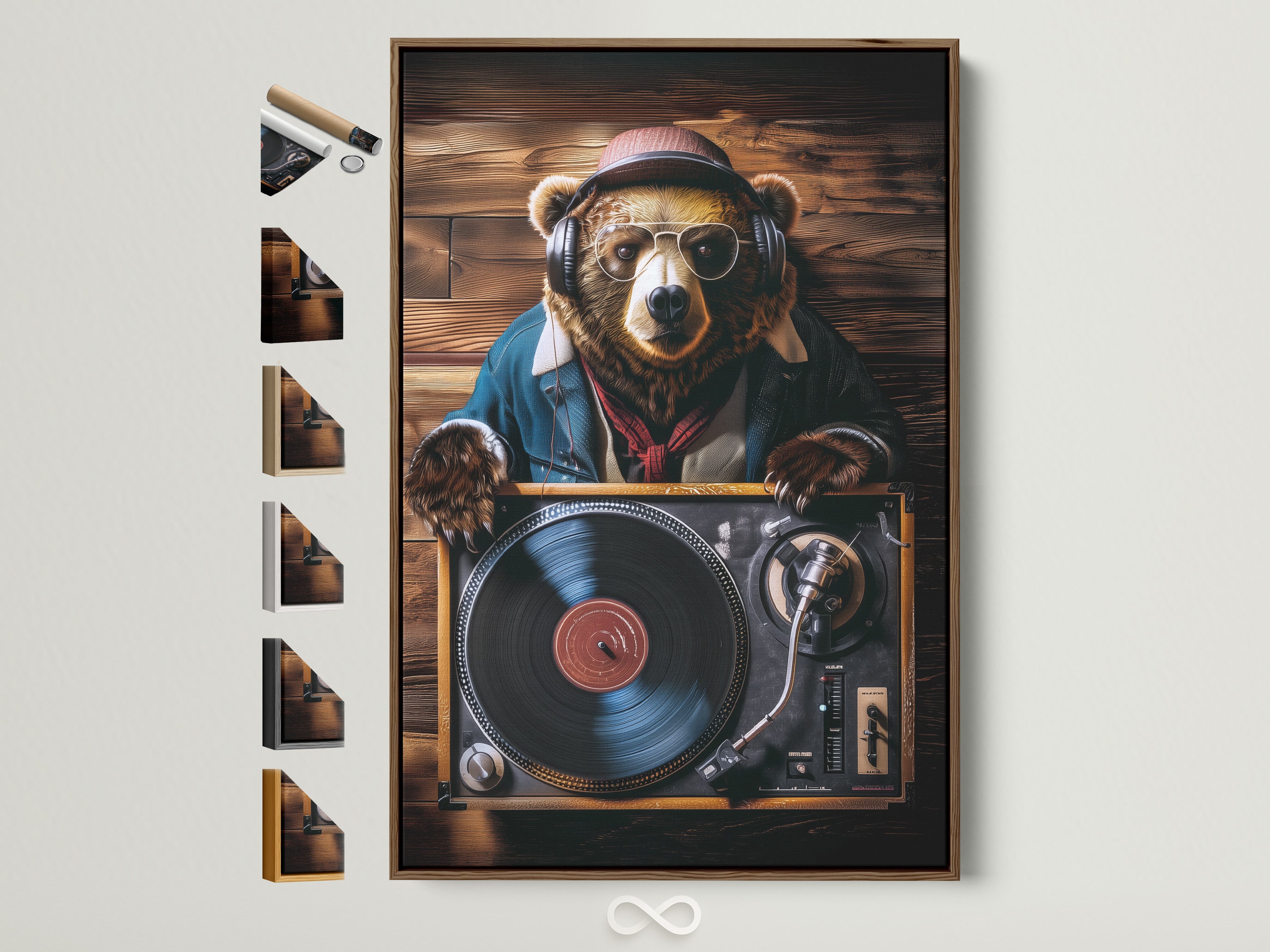 A brown frame showcases a bear DJ art print. This artwork features a bear wearing headphones and sunglasses. The bear is set against a wooden background. All frame options are displayed on the side. Add a touch of musical charm to your space with this unique piece.