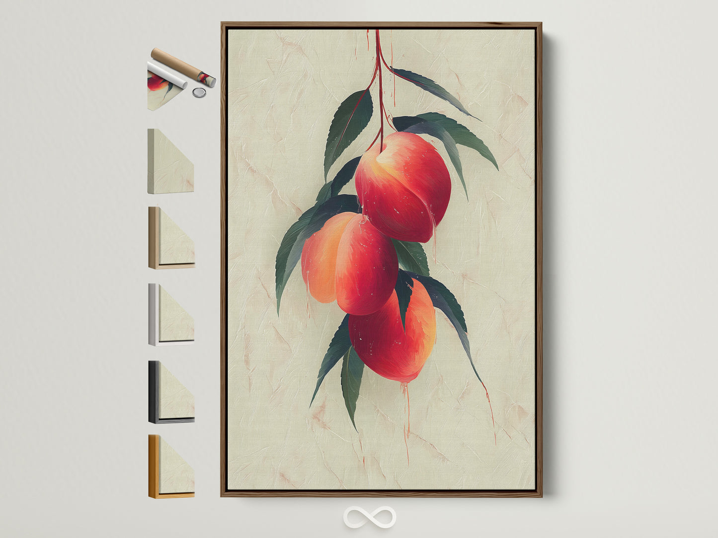 Explore framing options with this brown frame showcasing a peach fruit botanical wall art. See the full array of frame styles available. It is perfect for modern kitchen decor and farmhouse style artwork. Enhance your living space with our versatile art prints.