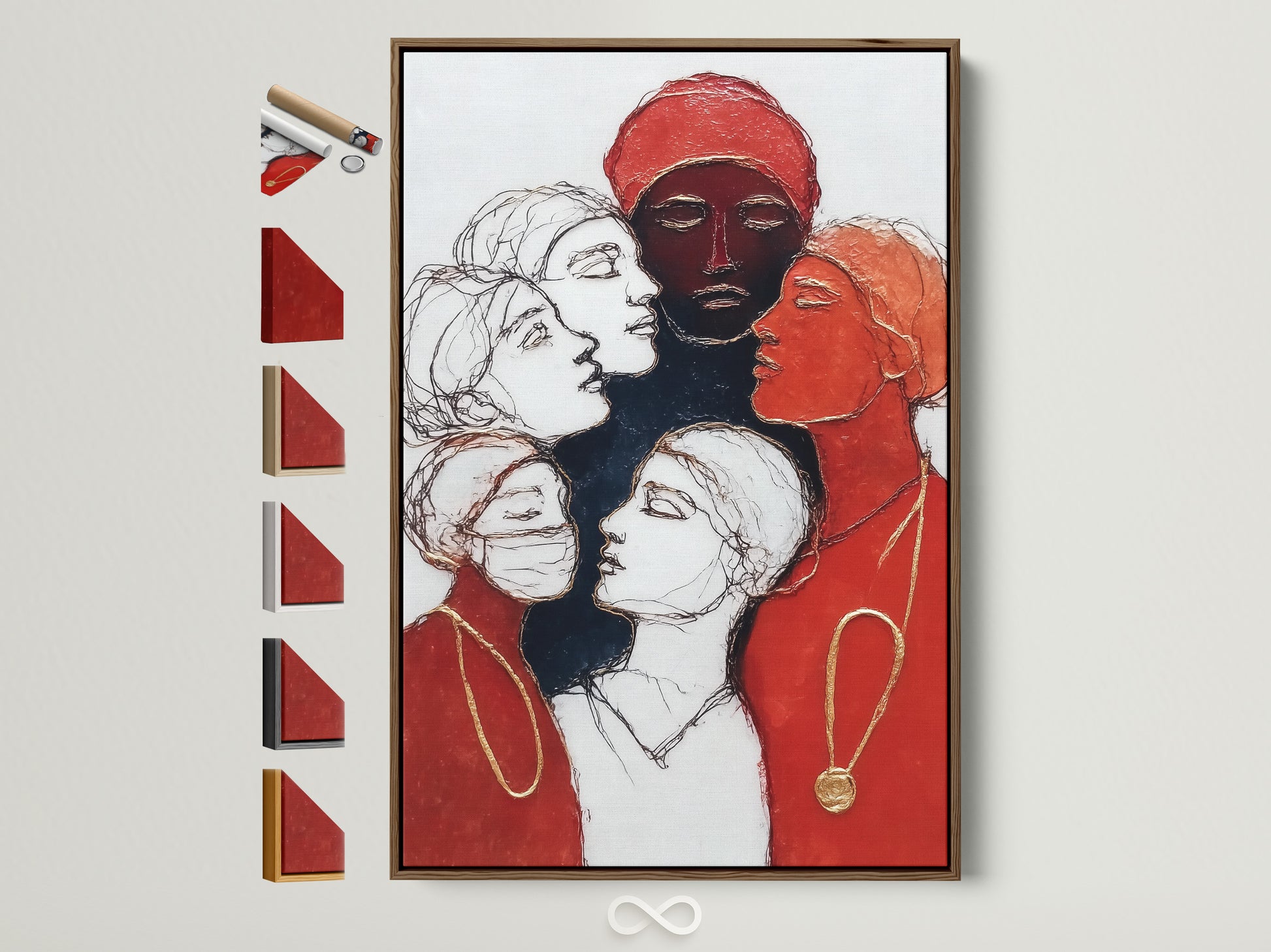 Brown frame displays women empowerment art. Diverse female portraits are featured in red contemporary colors. This canvas print makes excellent office decor. The artwork adds a modern touch to any space. Frame options are visible on the side.