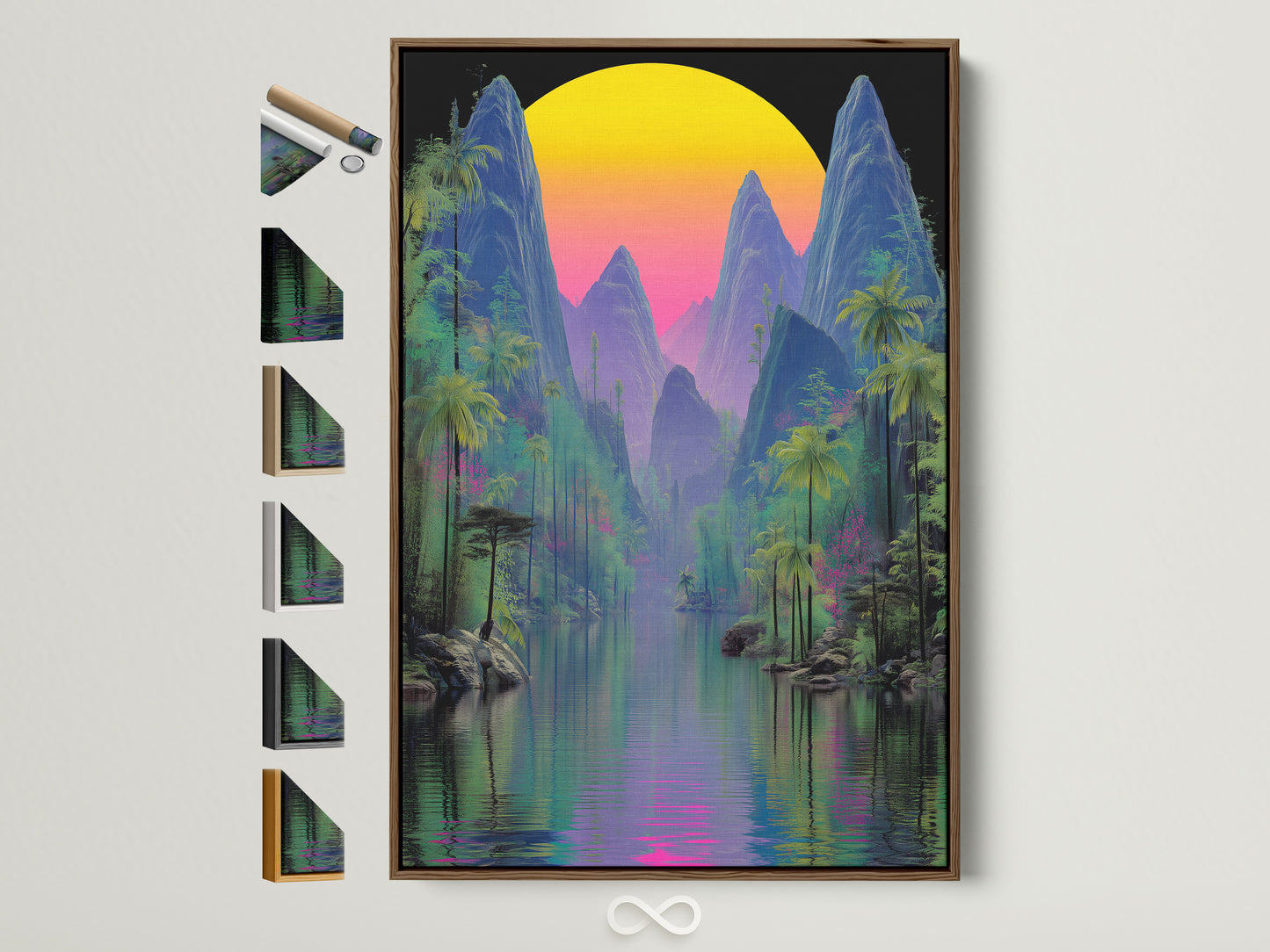 A vibrant tropical mountain artwork with a vaporwave sunset is displayed in a brown frame. All frame options are visible on the side. The artwork features a colorful sunset over a lush landscape. The perfect summer wall art to brighten any room.