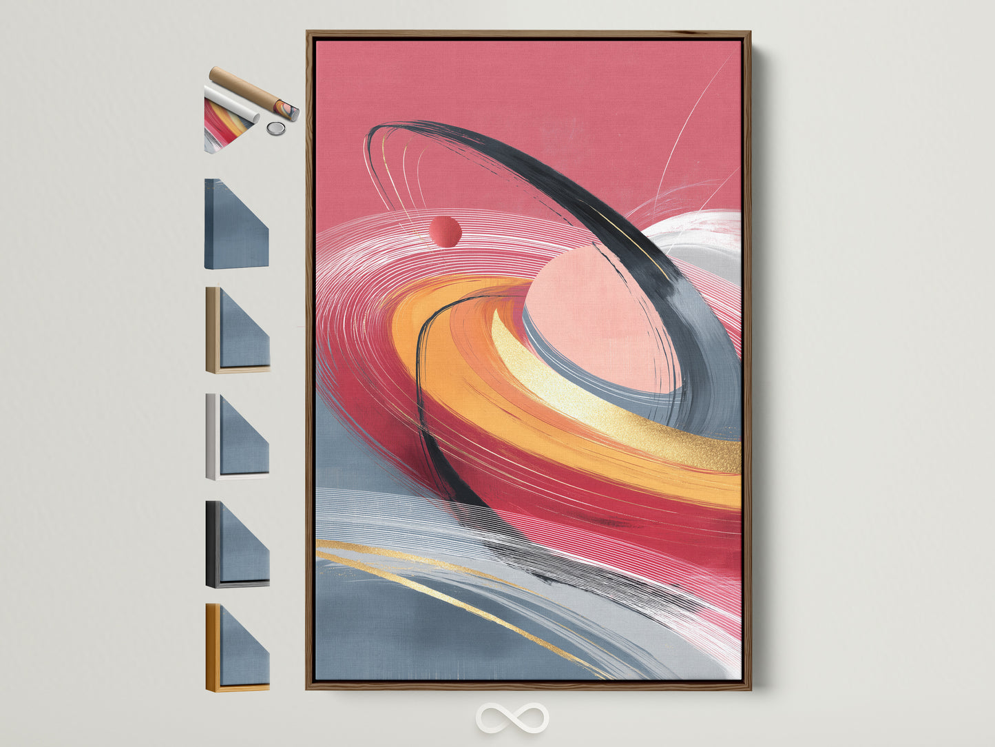 Abstract swirl artwork framed in brown. See the variety of framing options available. This coral pink and gold wall art adds contemporary motion to modern bedroom decor. Perfect for homeowners renters and stylists.