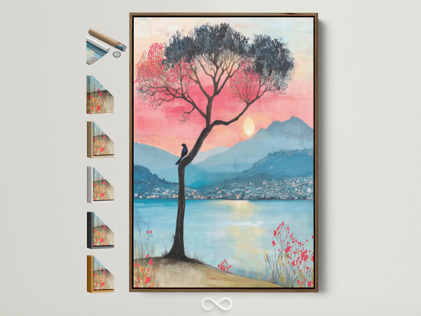 Brown frame displays a lake sunset canvas print with a mountain view. Pink and teal nature artwork complements home decor. It showcases all available frame options on the side. Elevate your space with peaceful art.