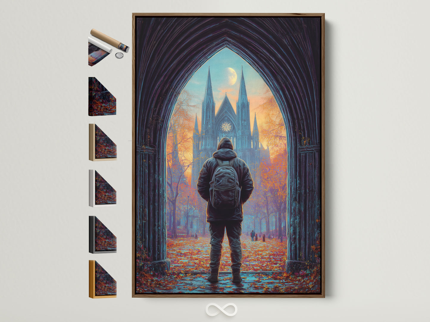 Explore framed artwork options. A brown frame displays a captivating cathedral print. See available frame styles on the side. Perfect for Gothic wall art enthusiasts. Add a moody autumn landscape to your space. Discover your ideal architecture art piece today.