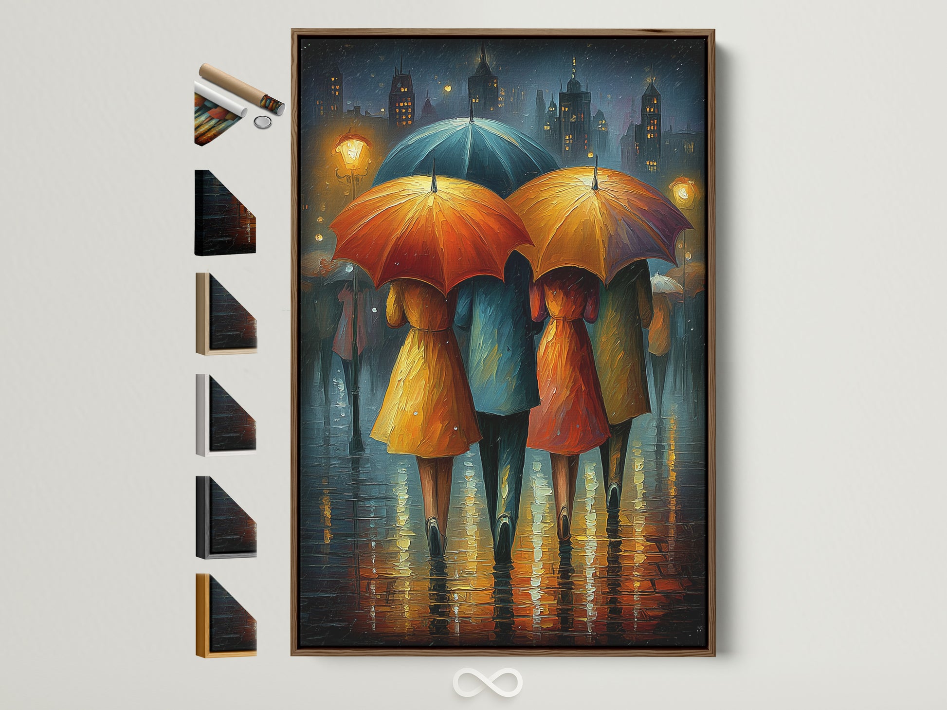 Modern wall art featuring people with umbrellas in a rainy city scene. This impressionist-style artwork is framed in a brown frame. See all frame options available. Perfect entryway decor to elevate your home or office.